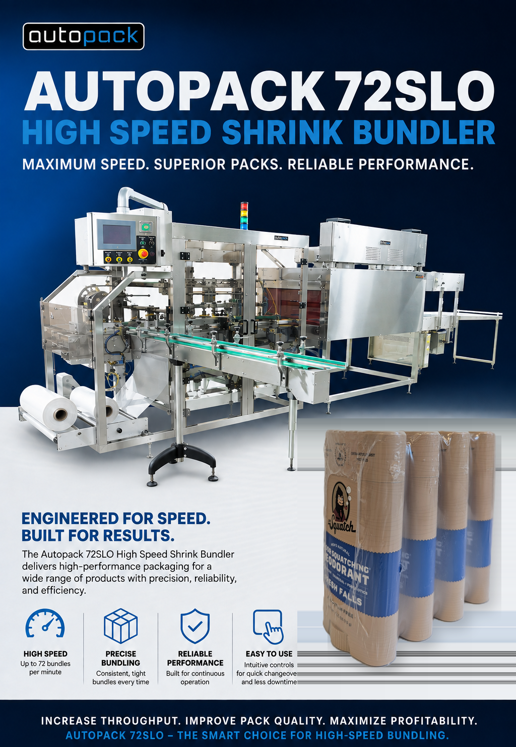 Autopack 72SLO High Speed Shrink Bundler. Maximum Speed. Superior Packs. Reliable Performance. Engineered for Speed. Built for Results. The Autopack 72SLO High Speed Shrink Bundler delivers high-performance packaging for a wide range of products with precision, reliability, and efficiency.